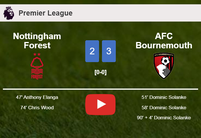 AFC Bournemouth beats Nottingham Forest 3-2 with 3 goals from D. Solanke. HIGHLIGHTS