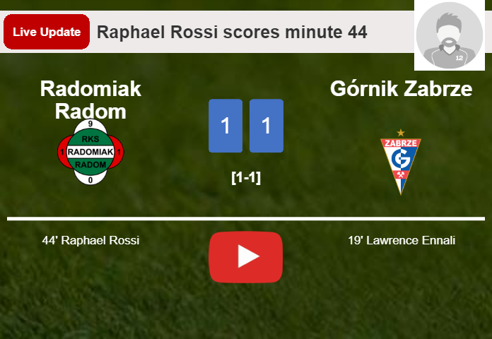 LIVE UPDATES. Radomiak Radom draws Górnik Zabrze with a goal from Raphael Rossi in the 44 minute and the result is 1-1