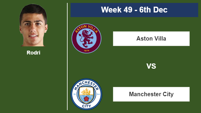 FANTASY PREMIER LEAGUE. Rodri stats before the match against Aston Villa on Wednesday 6th of December for the 49th week.