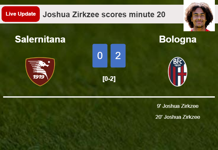 LIVE UPDATES. Bologna scores again over Salernitana with a goal from Joshua Zirkzee in the 20 minute and the result is 2-0