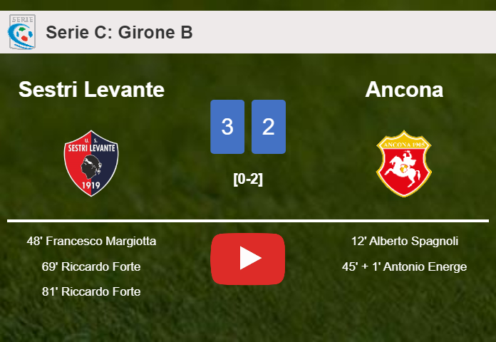 Sestri Levante overcomes Ancona after recovering from a 0-2 deficit. HIGHLIGHTS