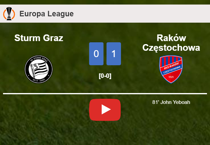 Raków Częstochowa beats Sturm Graz 1-0 with a goal scored by J. Yeboah. HIGHLIGHTS