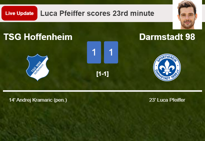 LIVE UPDATES. Darmstadt 98 draws TSG Hoffenheim with a goal from Luca Pfeiffer in the 23rd minute and the result is 1-1