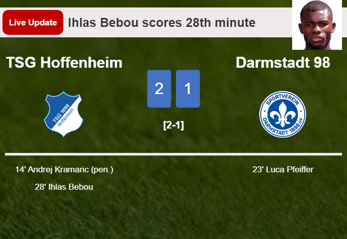 LIVE UPDATES. TSG Hoffenheim takes the lead over Darmstadt 98 with a goal from Ihlas Bebou in the 28th minute and the result is 2-1