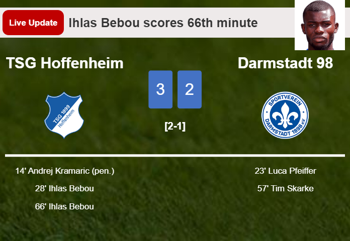 LIVE UPDATES. TSG Hoffenheim takes the lead over Darmstadt 98 with a goal from Ihlas Bebou in the 66th minute and the result is 3-2