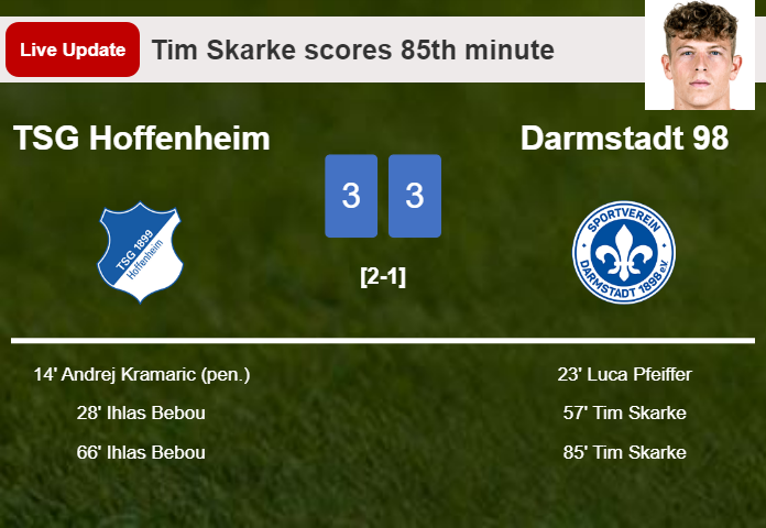 LIVE UPDATES. Darmstadt 98 draws TSG Hoffenheim with a goal from Tim Skarke in the 85th minute and the result is 3-3