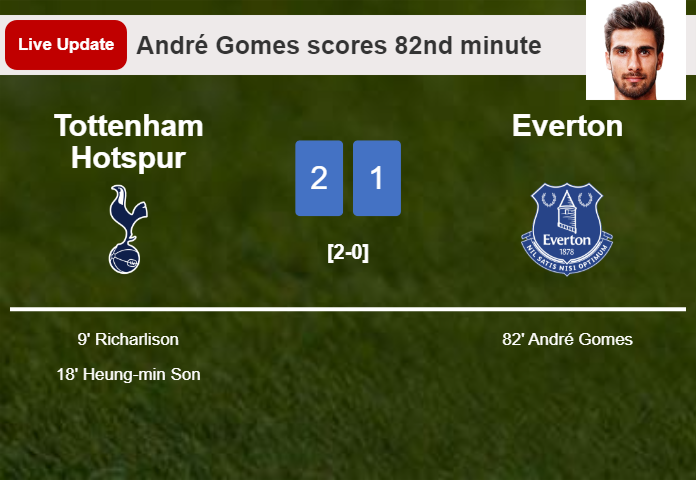LIVE UPDATES. Everton getting closer to Tottenham Hotspur with a goal from André Gomes in the 82nd minute and the result is 1-2