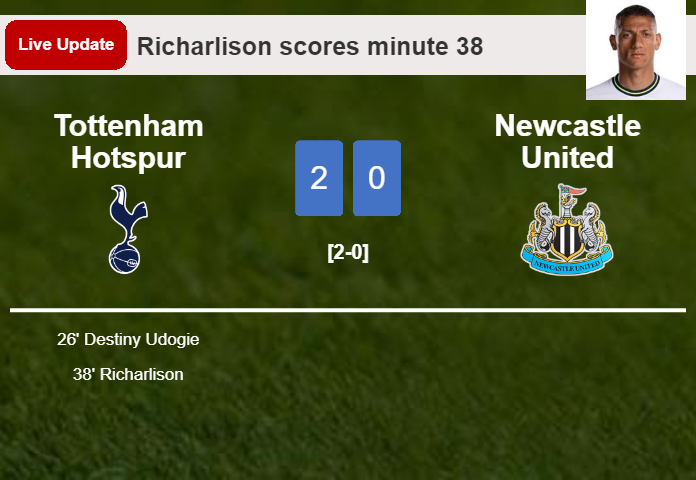 LIVE UPDATES. Tottenham Hotspur scores again over Newcastle United with a goal from Richarlison in the 38 minute and the result is 2-0