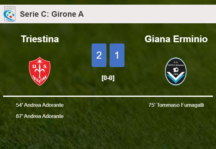 Triestina overcomes Giana Erminio 2-1 with A. Adorante scoring a double