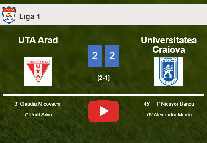 Universitatea Craiova manages to draw 2-2 with UTA Arad after recovering a 0-2 deficit. HIGHLIGHTS
