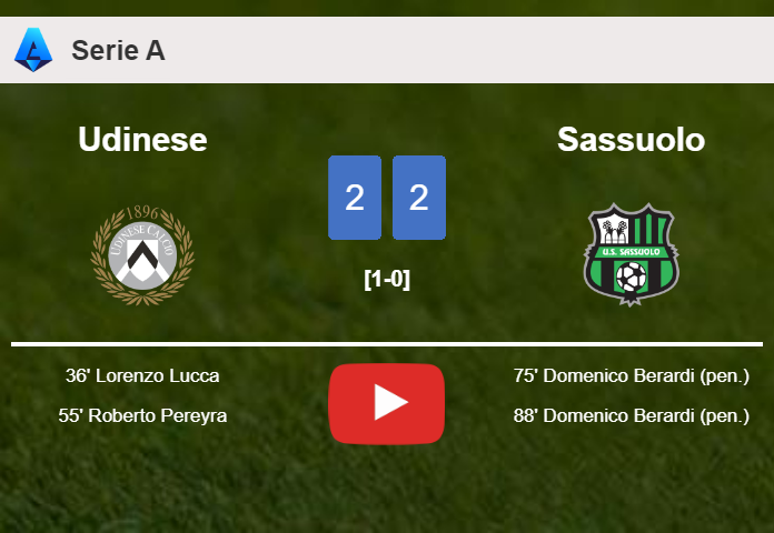 Sassuolo manages to draw 2-2 with Udinese after recovering a 0-2 deficit. HIGHLIGHTS
