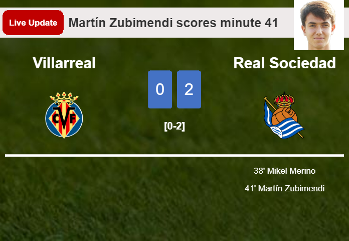LIVE UPDATES. Real Sociedad scores again over Villarreal with a goal from Martín Zubimendi in the 41 minute and the result is 2-0