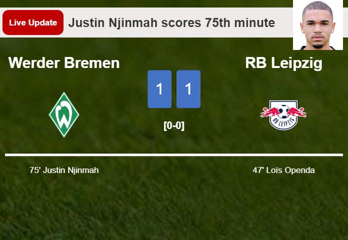 LIVE UPDATES. Werder Bremen draws RB Leipzig with a goal from Justin Njinmah in the 75th minute and the result is 1-1