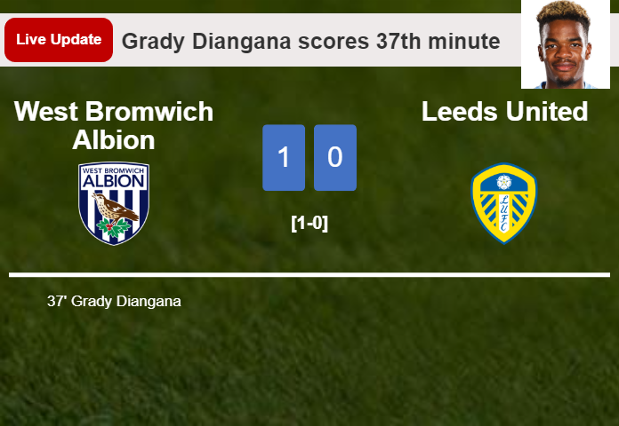 LIVE UPDATES. West Bromwich Albion leads Leeds United 1-0 after Grady Diangana scored in the 37th minute