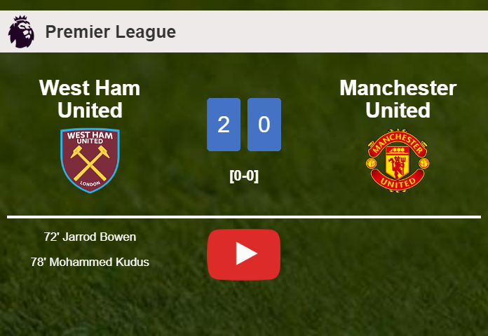 West Ham United beats Manchester United 2-0 on Saturday. HIGHLIGHTS