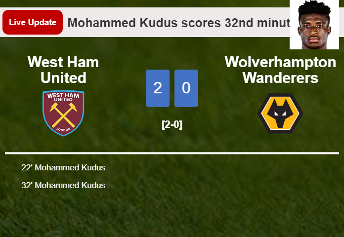 LIVE UPDATES. West Ham United scores again over Wolverhampton Wanderers with a goal from Mohammed Kudus in the 32nd minute and the result is 2-0