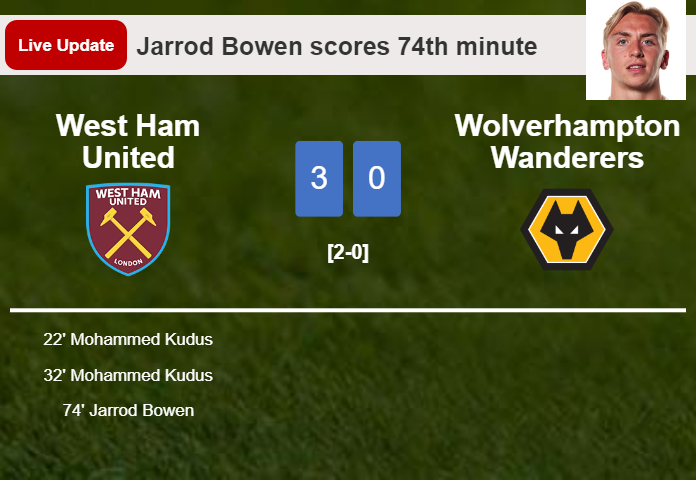 LIVE UPDATES. West Ham United extends the lead over Wolverhampton Wanderers with a goal from Jarrod Bowen in the 74th minute and the result is 3-0