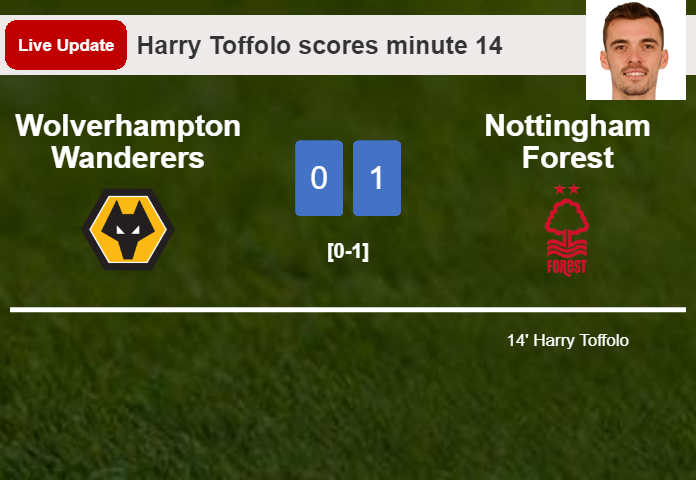 LIVE UPDATES. Nottingham Forest leads Wolverhampton Wanderers 1-0 after Harry Toffolo scored in the 14 minute
