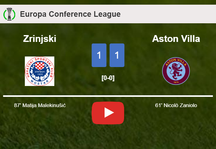 Zrinjski grabs a draw against Aston Villa. HIGHLIGHTS