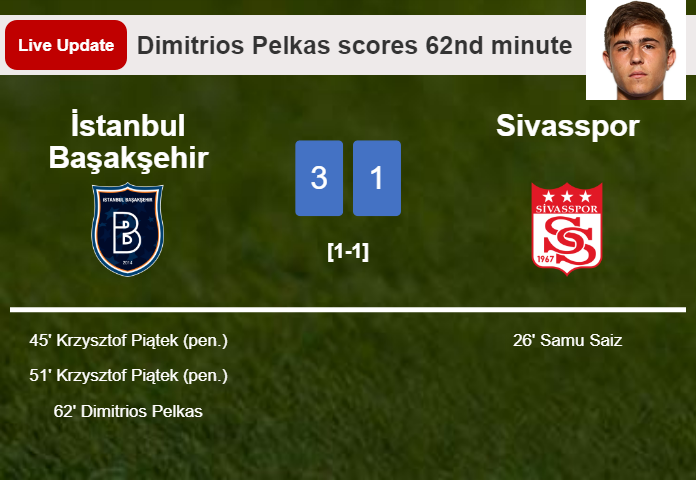 LIVE UPDATES. İstanbul Başakşehir extends the lead over Sivasspor with a goal from Dimitrios Pelkas in the 62nd minute and the result is 3-1