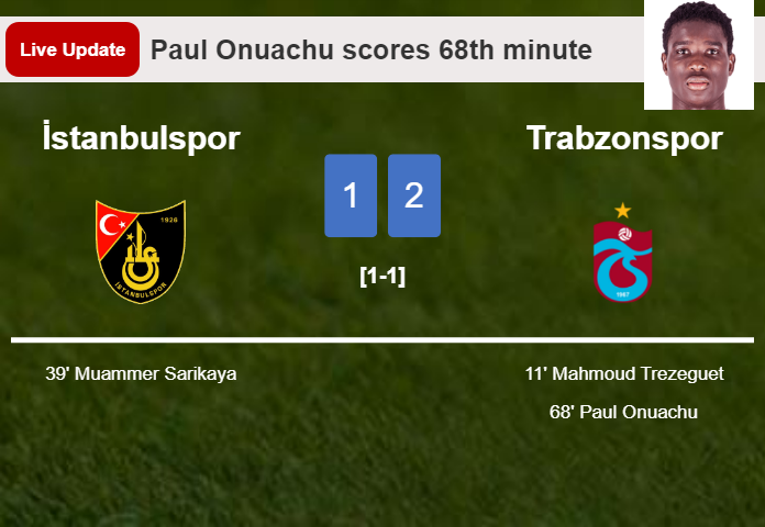 LIVE UPDATES. Trabzonspor takes the lead over İstanbulspor with a goal from Paul Onuachu in the 68th minute and the result is 2-1