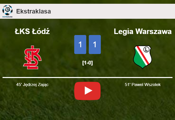 ŁKS Łódź and Legia Warszawa draw 1-1 on Sunday. HIGHLIGHTS