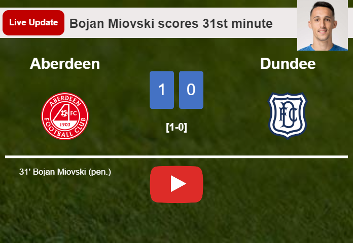 LIVE UPDATES. Aberdeen leads Dundee 1-0 after Bojan Miovski converted a penalty in the 31st minute