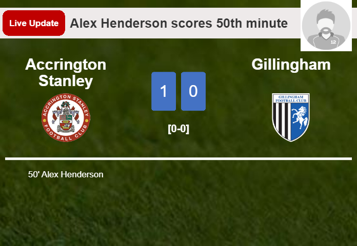 LIVE UPDATES. Accrington Stanley leads Gillingham 1-0 after Alex Henderson scored in the 50th minute