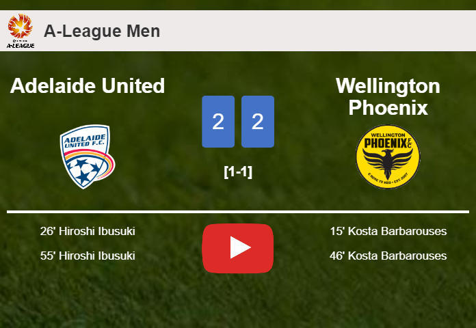 Adelaide United and Wellington Phoenix draw 2-2 on Thursday. HIGHLIGHTS