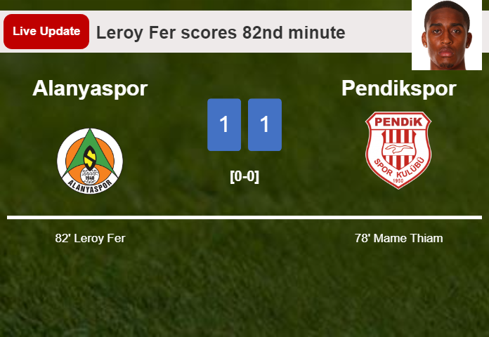 LIVE UPDATES. Alanyaspor draws Pendikspor with a goal from Leroy Fer in the 82nd minute and the result is 1-1