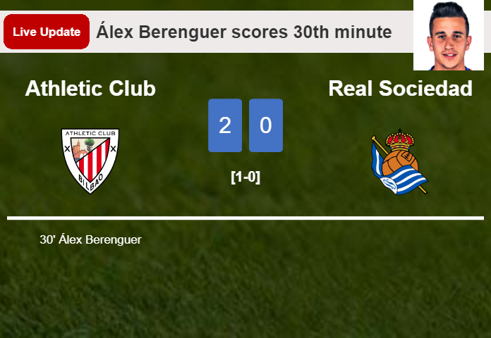 LIVE UPDATES. Athletic Club scores again over Real Sociedad with a goal from Álex Berenguer in the 42nd minute and the result is 2-0