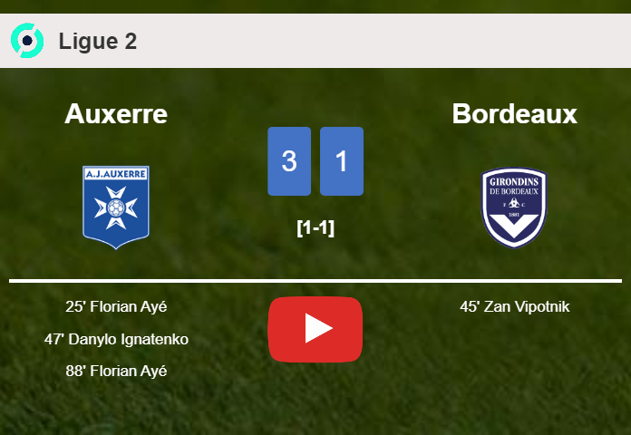 Auxerre beats Bordeaux 3-1 with 2 goals from F. Ayé. HIGHLIGHTS