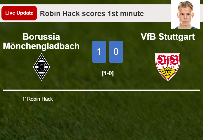 LIVE UPDATES. Borussia Mönchengladbach leads VfB Stuttgart 1-0 after Robin Hack scored in the 1st minute