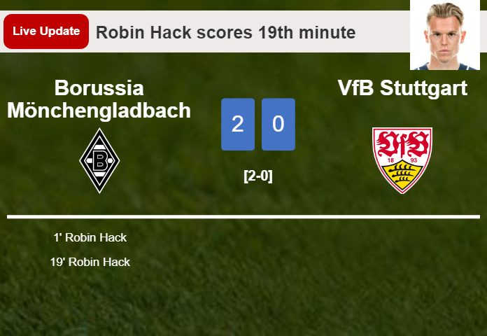 LIVE UPDATES. Borussia Mönchengladbach extends the lead over VfB Stuttgart with a goal from Robin Hack in the 19th minute and the result is 2-0
