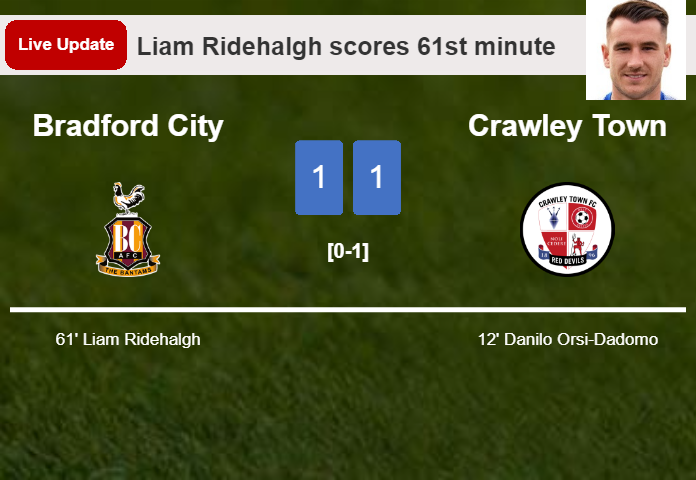 LIVE UPDATES. Bradford City draws Crawley Town with a goal from Liam Ridehalgh in the 61st minute and the result is 1-1