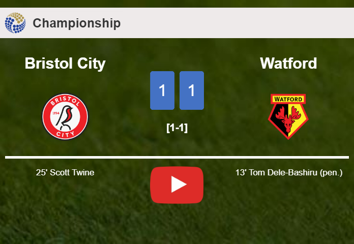 Bristol City and Watford draw 1-1 on Saturday. HIGHLIGHTS