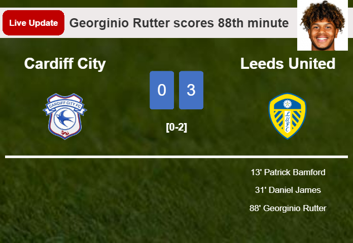 LIVE UPDATES. Leeds United scores again over Cardiff City with a goal from Georginio Rutter in the 88th minute and the result is 3-0