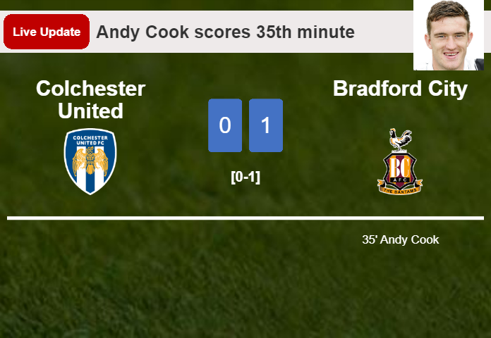 Colchester United vs Bradford City live updates: Andy Cook scores opening goal in League Two match (0-1)