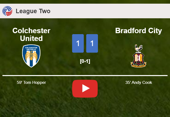 Colchester United and Bradford City draw 1-1 on Saturday. HIGHLIGHTS
