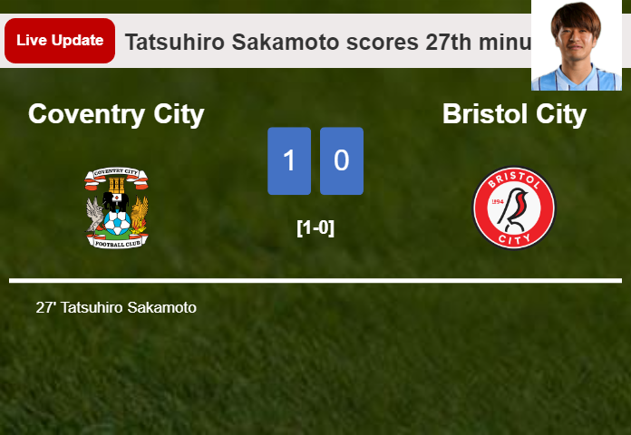 LIVE UPDATES. Coventry City leads Bristol City 1-0 after Tatsuhiro Sakamoto scored in the 27th minute
