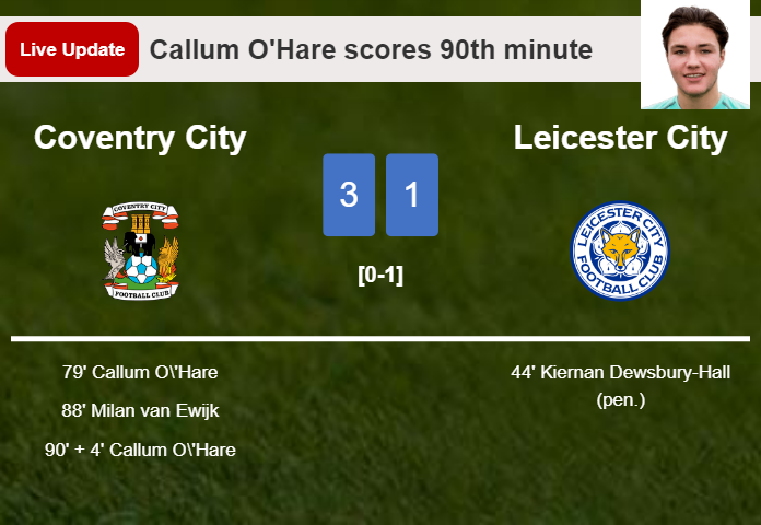 LIVE UPDATES. Coventry City extends the lead over Leicester City with a goal from Callum O'Hare in the 90th minute and the result is 3-1