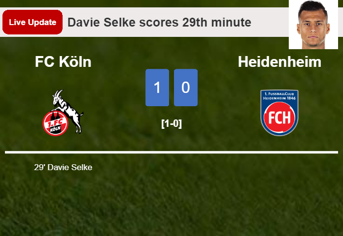 LIVE UPDATES. FC Köln leads Heidenheim 1-0 after Davie Selke scored in the 29th minute