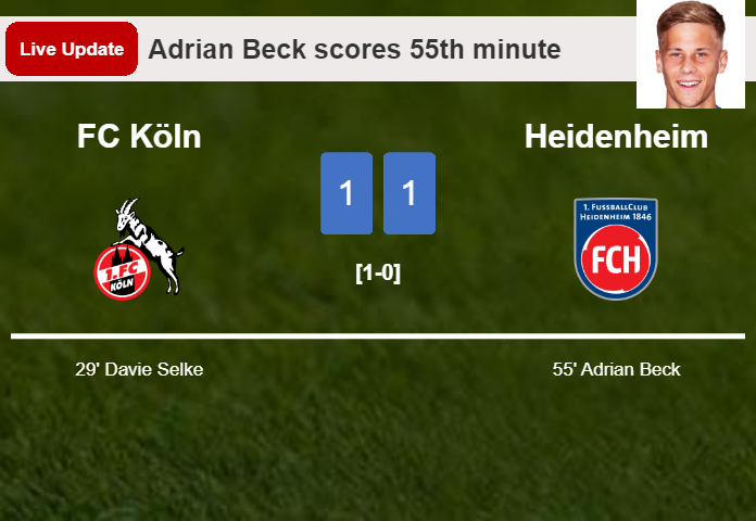 LIVE UPDATES. Heidenheim draws FC Köln with a goal from Adrian Beck in the 55th minute and the result is 1-1