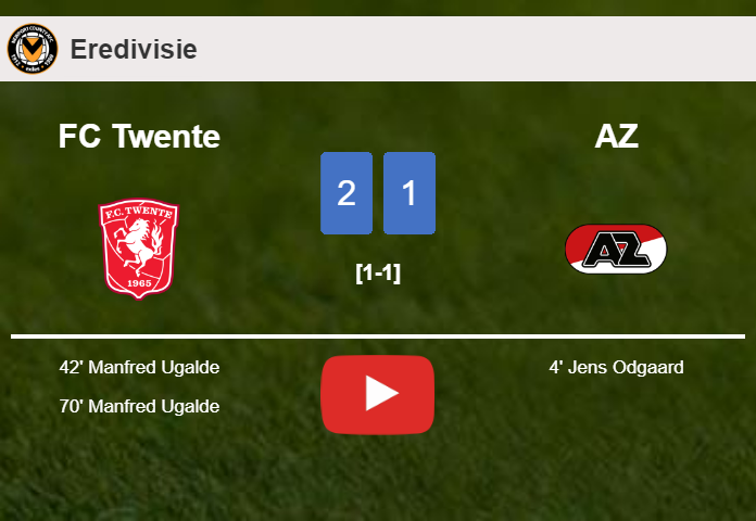 FC Twente recovers a 0-1 deficit to best AZ 2-1 with M. Ugalde scoring 2 goals. HIGHLIGHTS