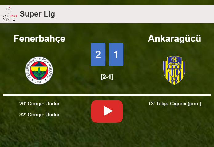 Fenerbahçe recovers a 0-1 deficit to prevail over Ankaragücü 2-1 with C. Ünder scoring a double. HIGHLIGHTS