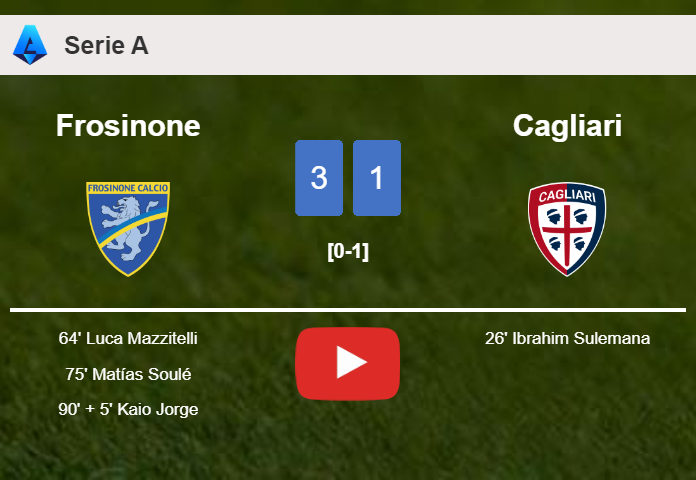 Frosinone prevails over Cagliari 3-1 after recovering from a 0-1 deficit. HIGHLIGHTS