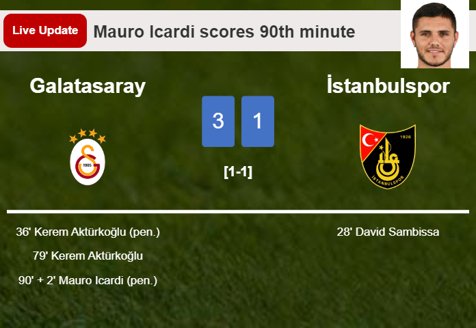 LIVE UPDATES. Galatasaray scores again over İstanbulspor with a penalty from Mauro Icardi in the 90th minute and the result is 3-1