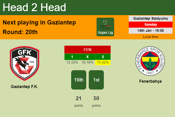 H2H, prediction of Gaziantep F.K. vs Fenerbahçe with odds, preview, pick, kick-off time 14-01-2024 - Super Lig