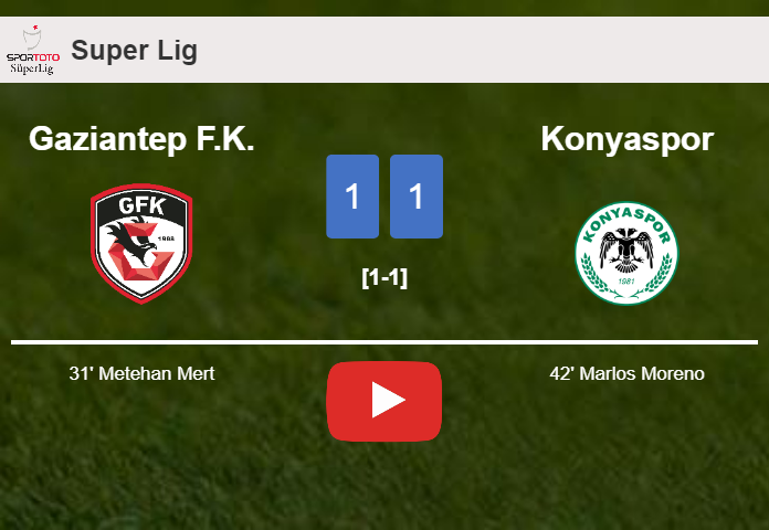 Gaziantep F.K. and Konyaspor draw 1-1 on Wednesday. HIGHLIGHTS