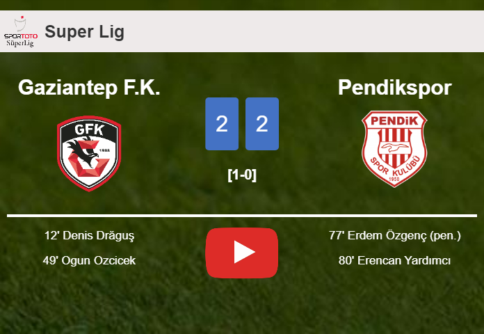 Pendikspor manages to draw 2-2 with Gaziantep F.K. after recovering a 0-2 deficit. HIGHLIGHTS